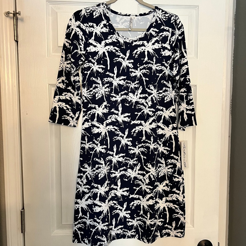 Lulu-B Shift Dress Nylon Spandex Palm Tree Coastal UPF 50+ Navy White XS